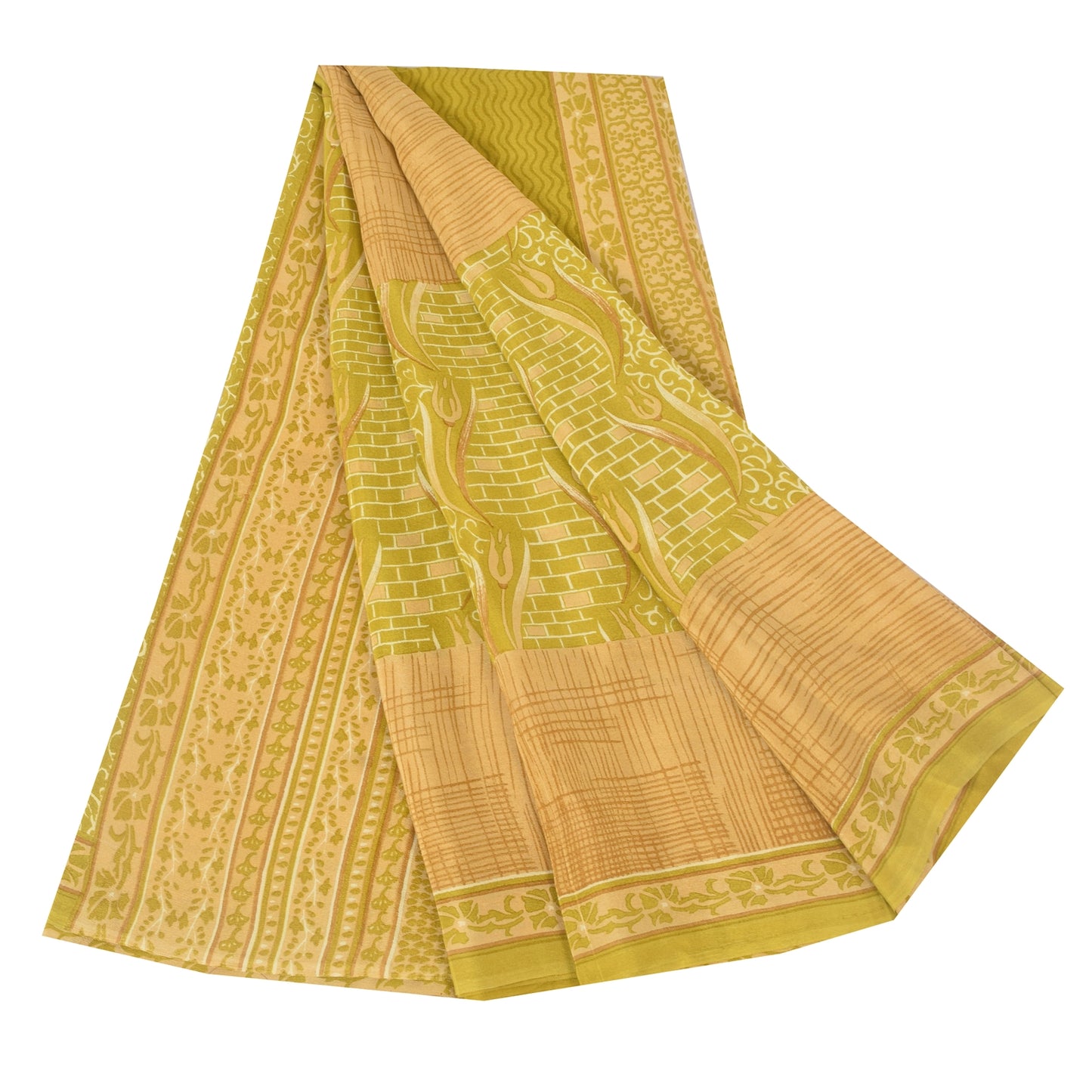 Sanskriti Vintage Sarees Green/Brown Pure Crepe Silk Print Sari 5yd Craft Fabric