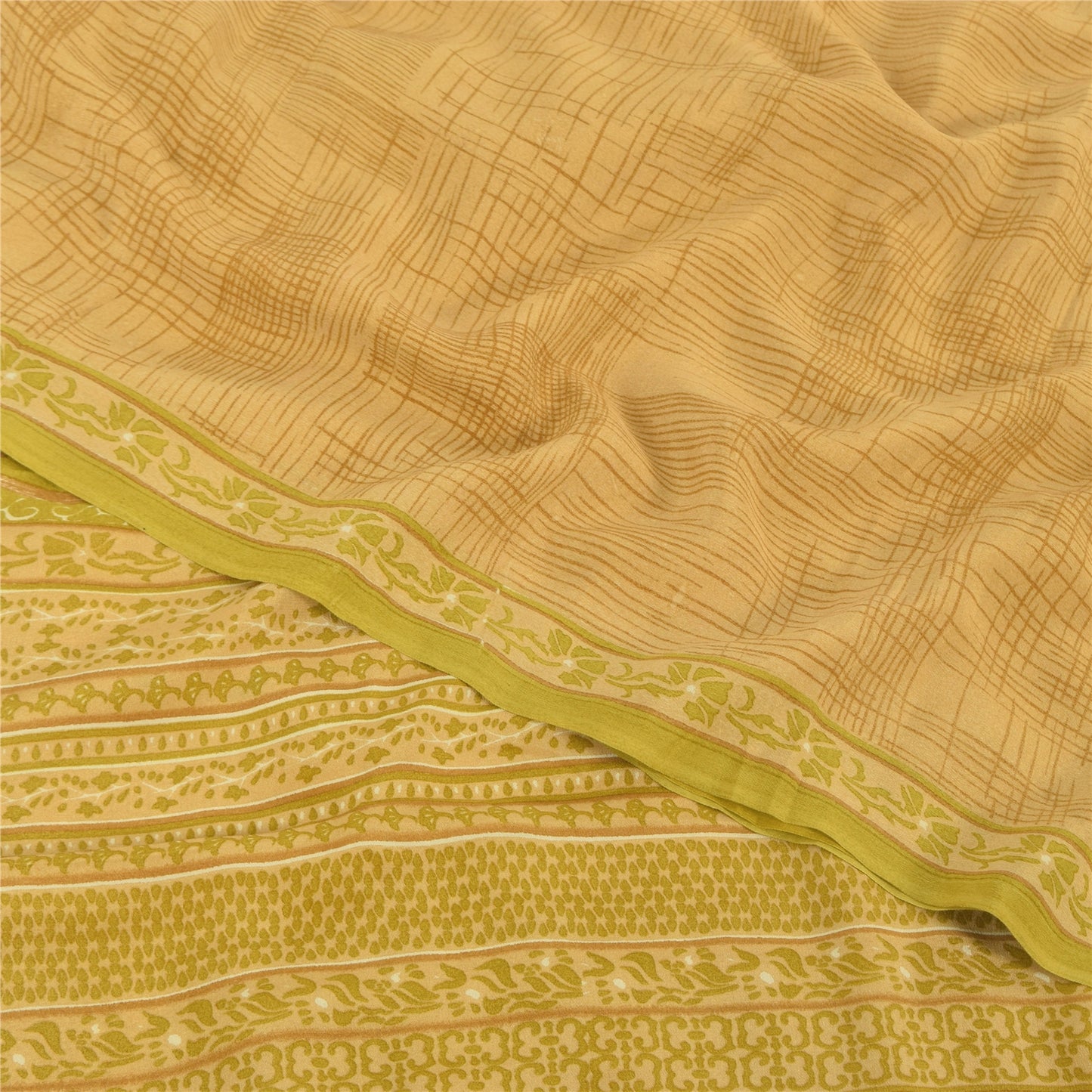 Sanskriti Vintage Sarees Green/Brown Pure Crepe Silk Print Sari 5yd Craft Fabric