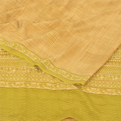 Sanskriti Vintage Sarees Green/Brown Pure Crepe Silk Print Sari 5yd Craft Fabric