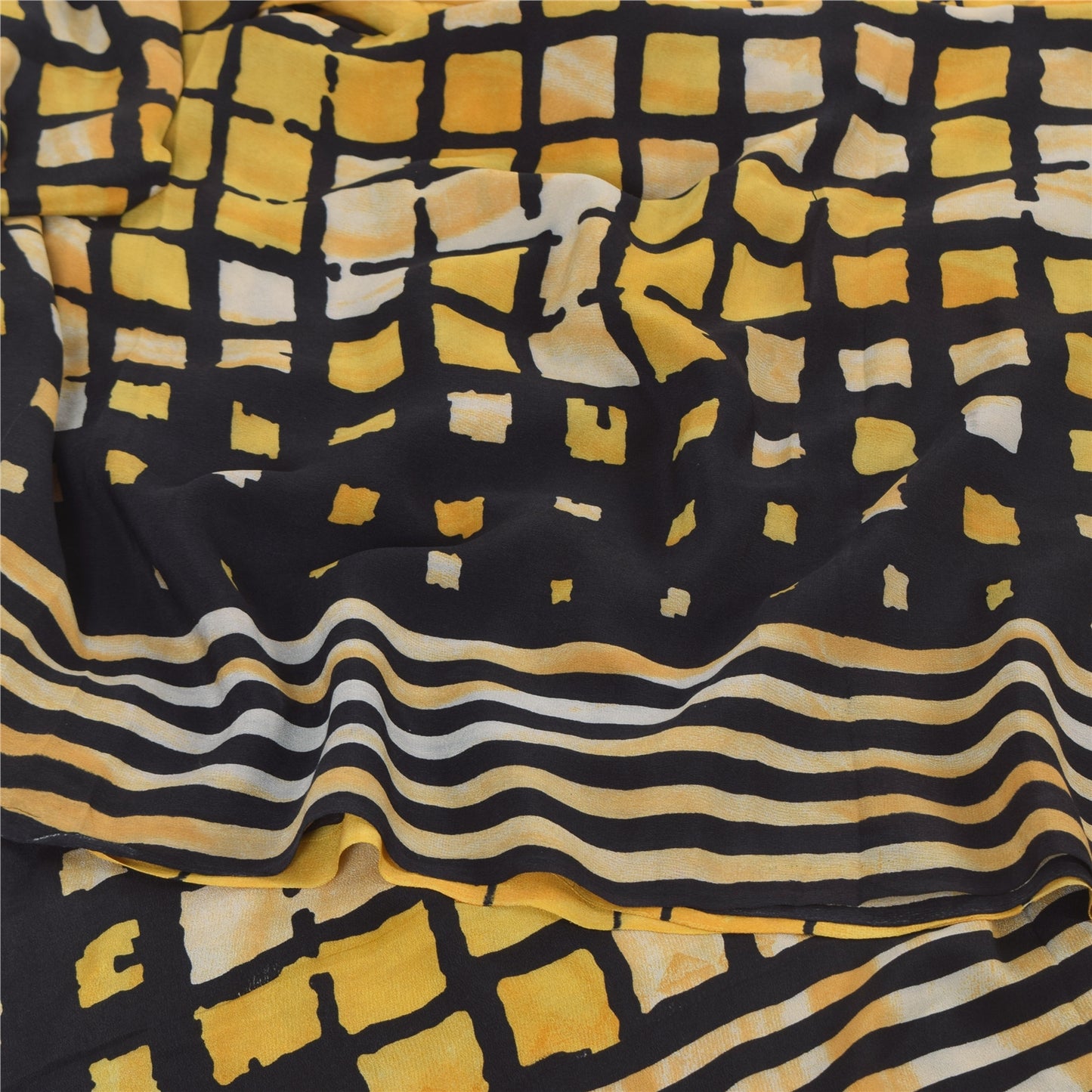 Sanskriti Vintage Sarees Yellow/Black Pure Crepe Printed Sari 5yd Craft Fabric