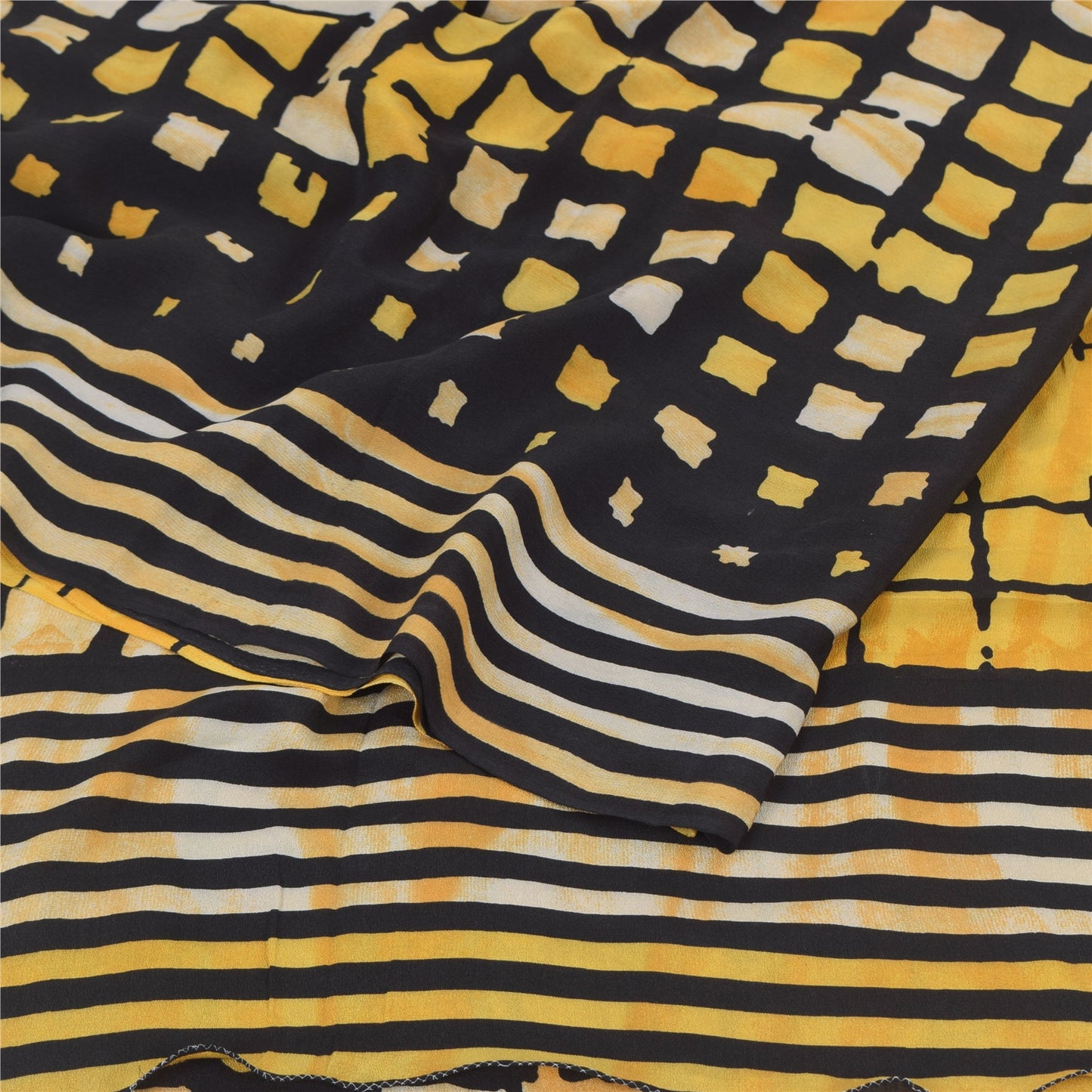 Sanskriti Vintage Sarees Yellow/Black Pure Crepe Printed Sari 5yd Craft Fabric