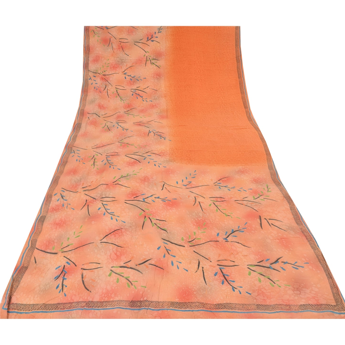 Sanskriti Vintage Sarees Peach/Orange Pure Crepe Silk Printed Sari Craft Fabric