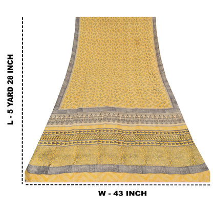 Sanskriti Vintage Sarees Yellow Pure Crepe Silk Printed Sari 5yd Craft Fabric