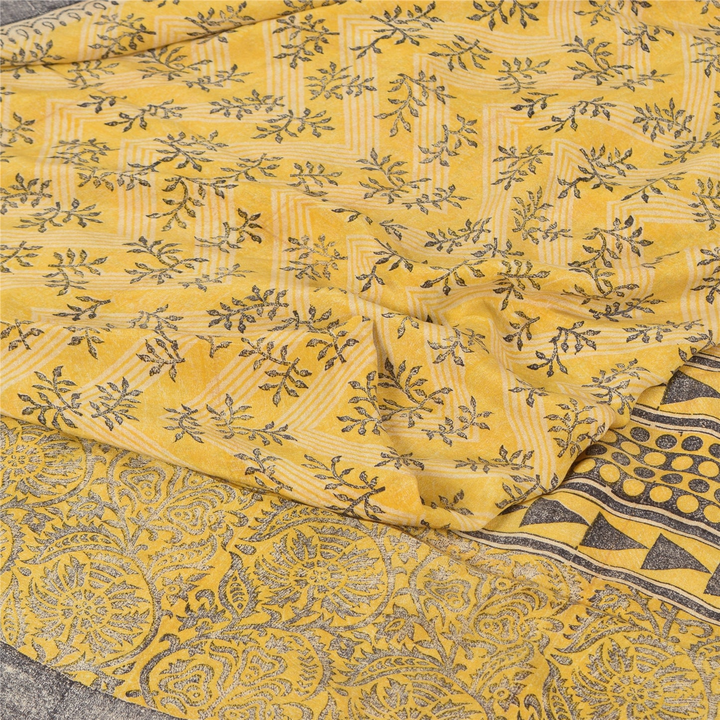 Sanskriti Vintage Sarees Yellow Pure Crepe Silk Printed Sari 5yd Craft Fabric