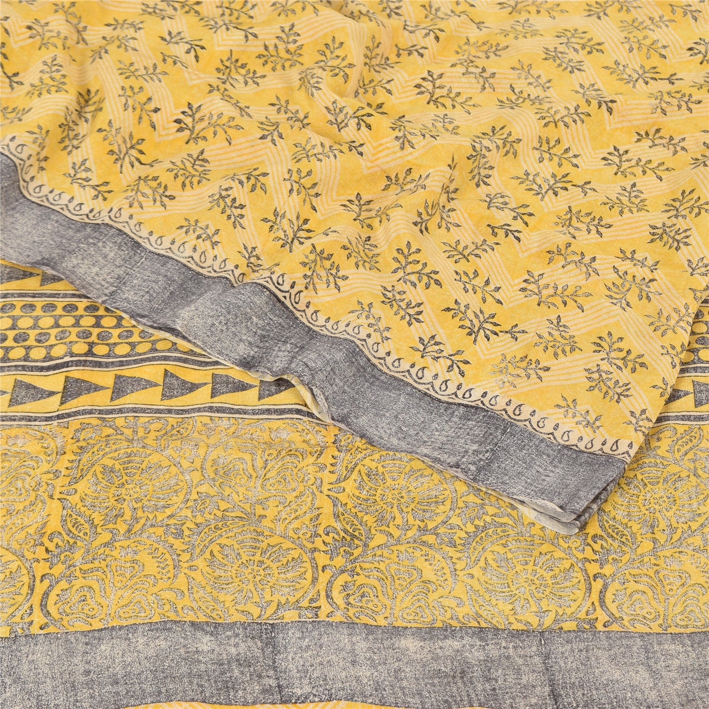 Sanskriti Vintage Sarees Yellow Pure Crepe Silk Printed Sari 5yd Craft Fabric