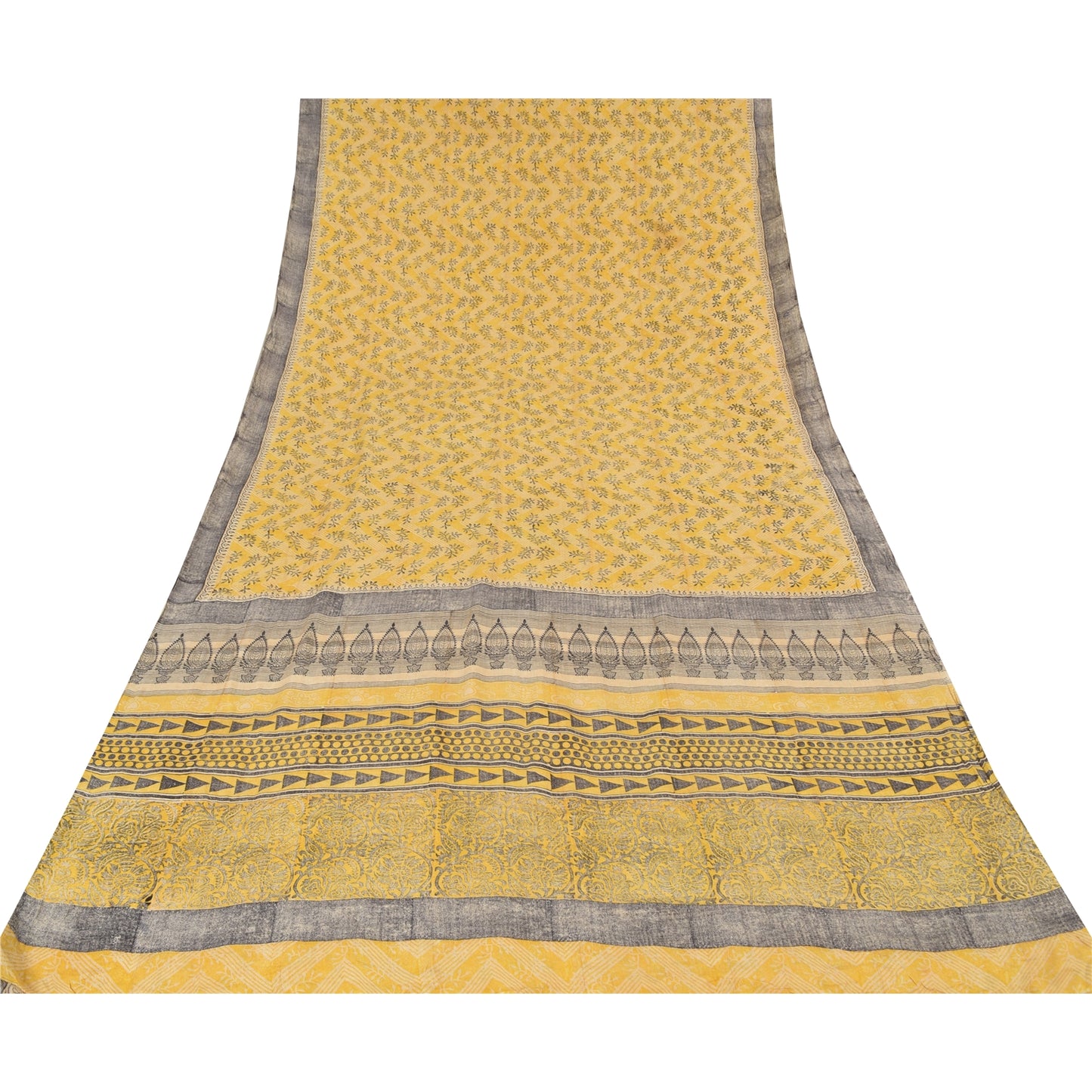 Sanskriti Vintage Sarees Yellow Pure Crepe Silk Printed Sari 5yd Craft Fabric