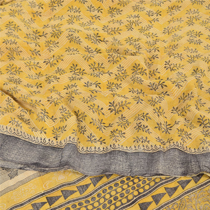 Sanskriti Vintage Sarees Yellow Pure Crepe Silk Printed Sari 5yd Craft Fabric