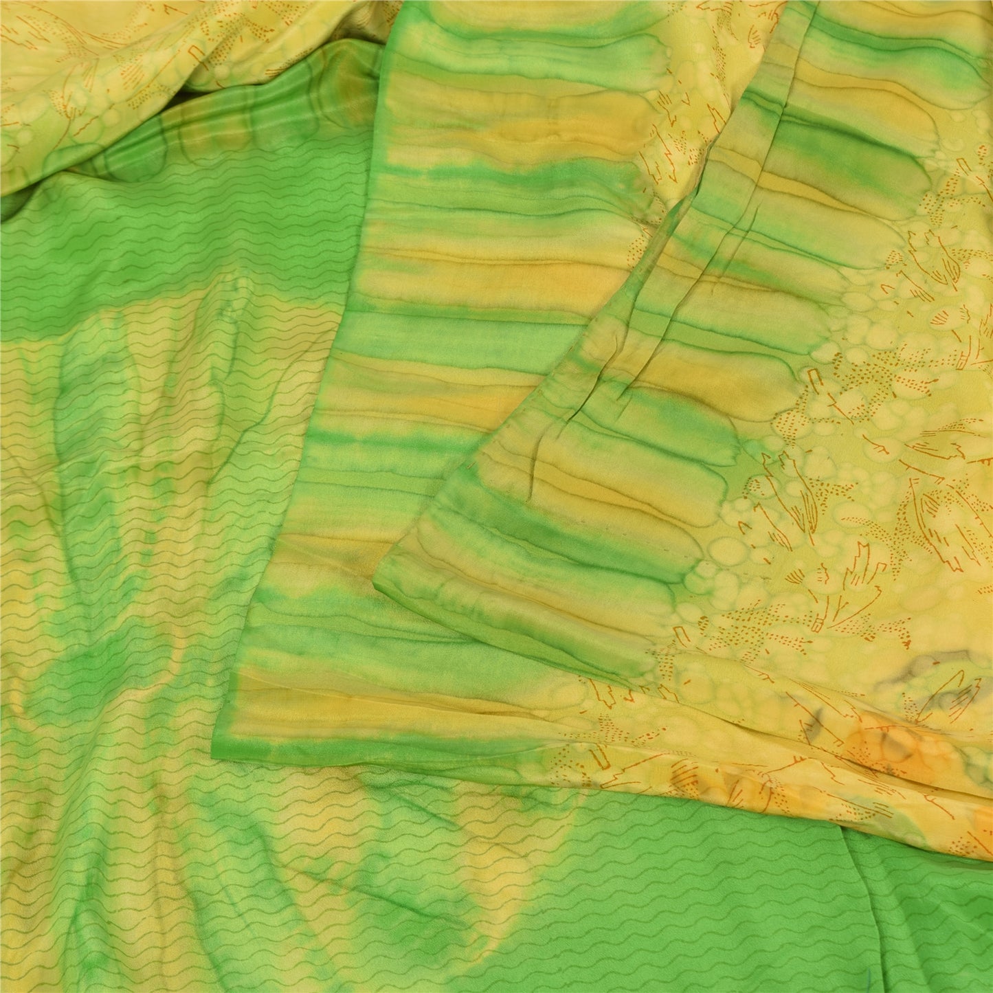 Sanskriti Vintage Sarees Yellow/Green Pure Crepe Silk Printed Sari Craft Fabric