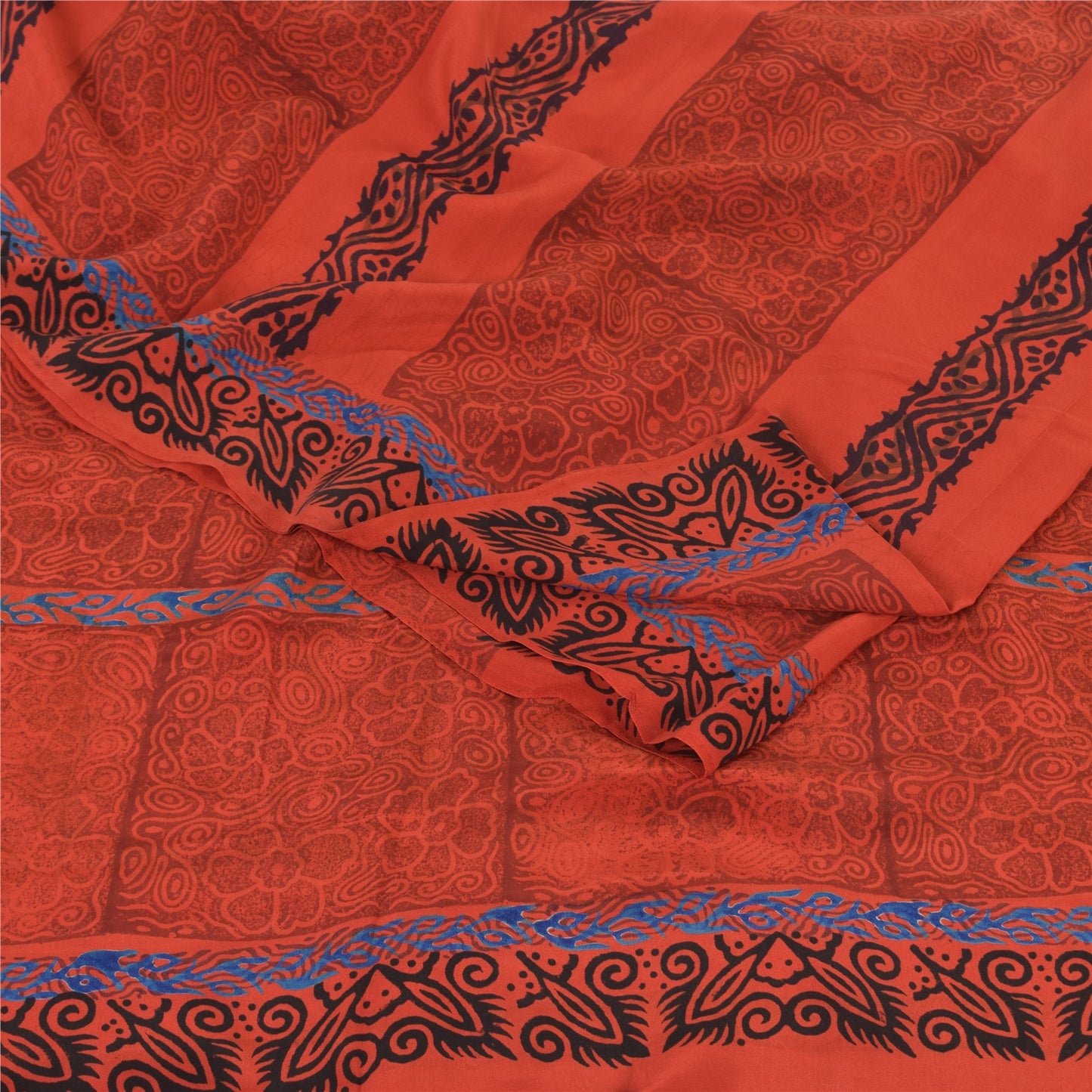 Sanskriti Vintage Sarees Reddish-Orange Pure Crepe Silk Printed Sari 5yd Fabric