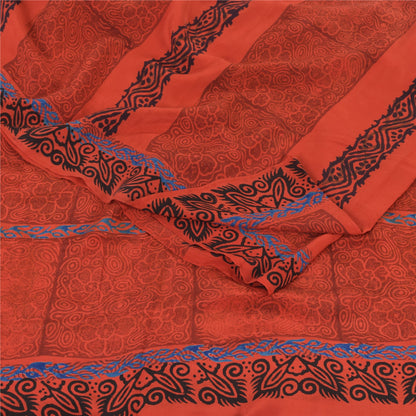 Sanskriti Vintage Sarees Reddish-Orange Pure Crepe Silk Printed Sari 5yd Fabric