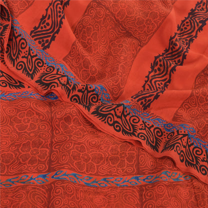 Sanskriti Vintage Sarees Reddish-Orange Pure Crepe Silk Printed Sari 5yd Fabric