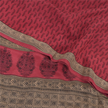 Sanskriti Vintage Sarees Reddish-Pink Pure Crepe Printed Sari 6yd Craft Fabric