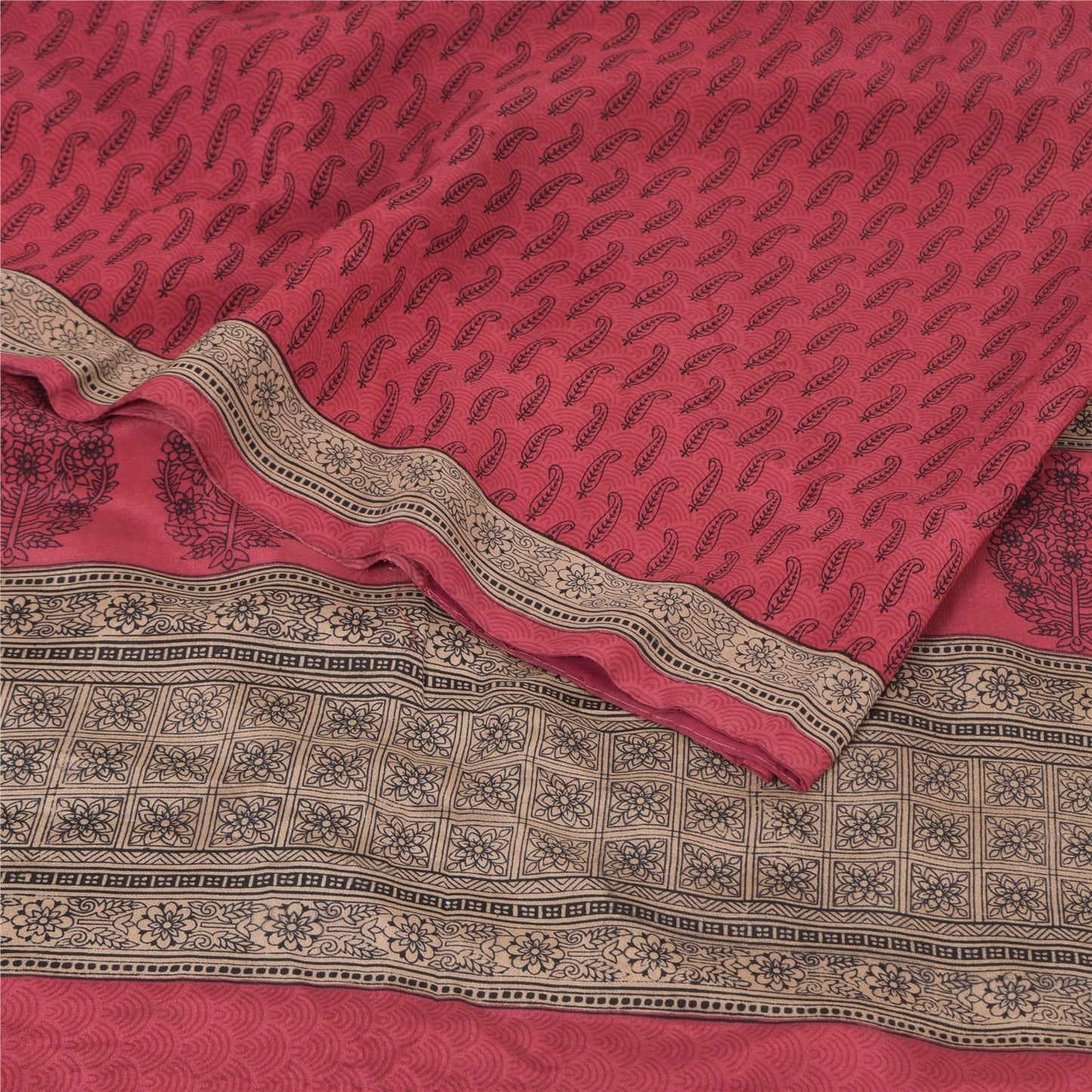 Sanskriti Vintage Sarees Reddish-Pink Pure Crepe Printed Sari 6yd Craft Fabric