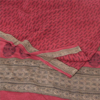 Sanskriti Vintage Sarees Reddish-Pink Pure Crepe Printed Sari 6yd Craft Fabric