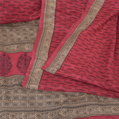 Sanskriti Vintage Sarees Reddish-Pink Pure Crepe Printed Sari 6yd Craft Fabric