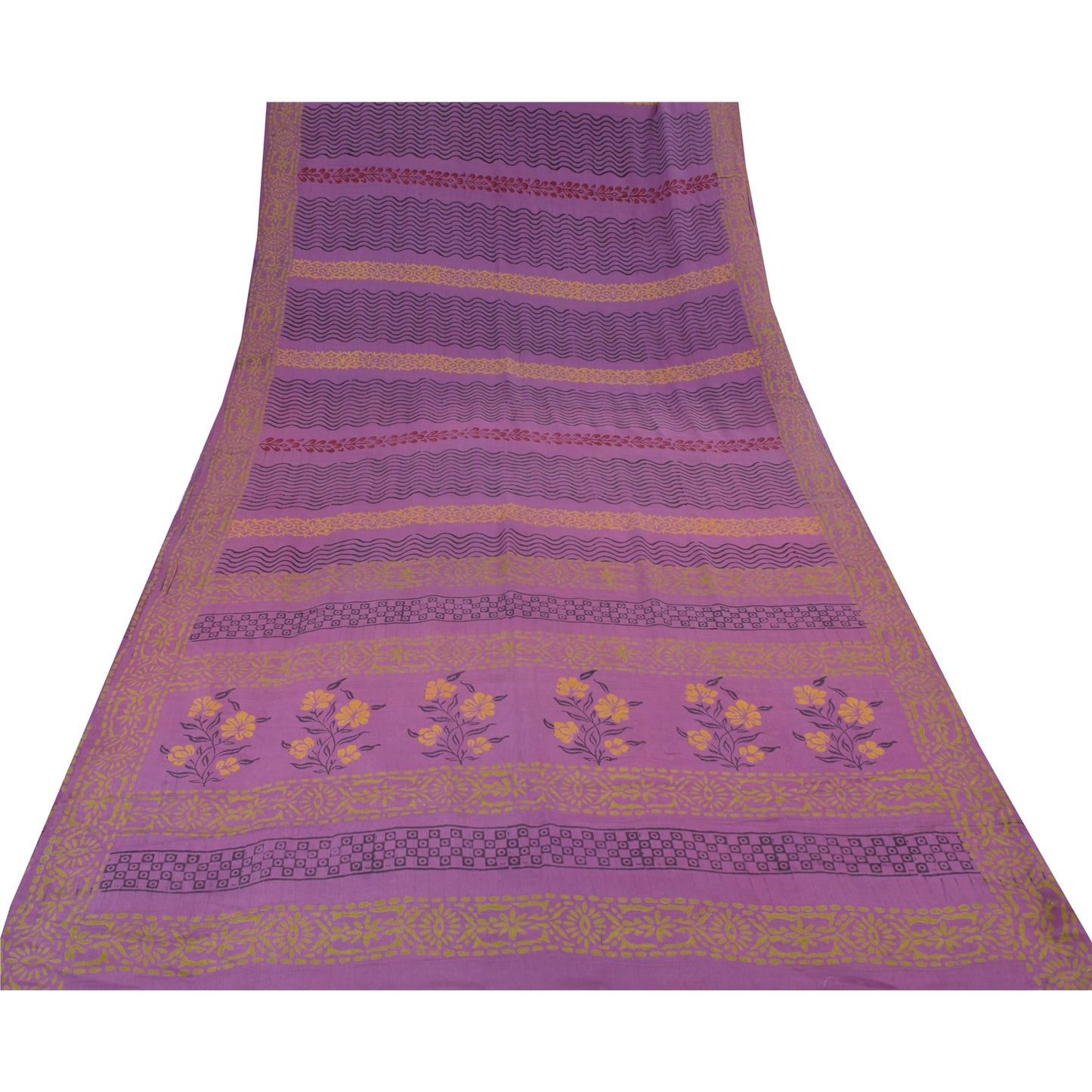 Sanskriti Vintage Sarees Purple Pure Crepe Silk Printed Sari 5yd Craft Fabric