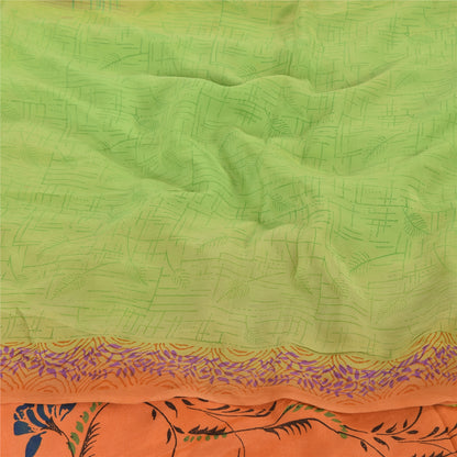 Sanskriti Vintage Sarees Green/Orange Pure Crepe Silk Print Sari Craft Fabric