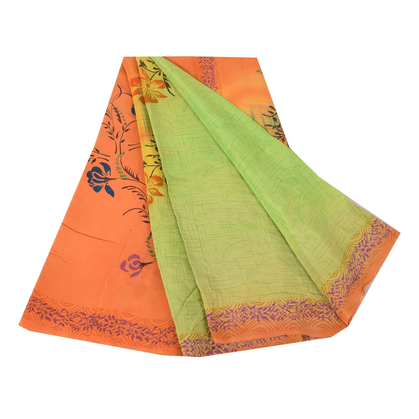 Sanskriti Vintage Sarees Green/Orange Pure Crepe Silk Print Sari Craft Fabric