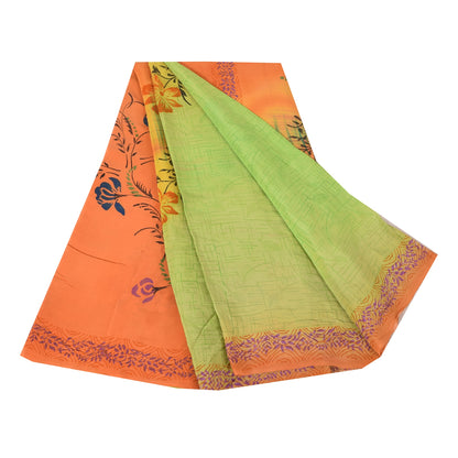 Sanskriti Vintage Sarees Green/Orange Pure Crepe Silk Print Sari Craft Fabric