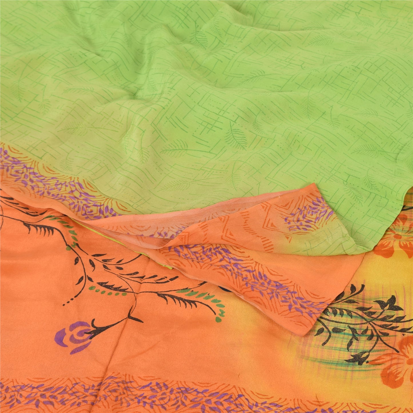 Sanskriti Vintage Sarees Green/Orange Pure Crepe Silk Print Sari Craft Fabric