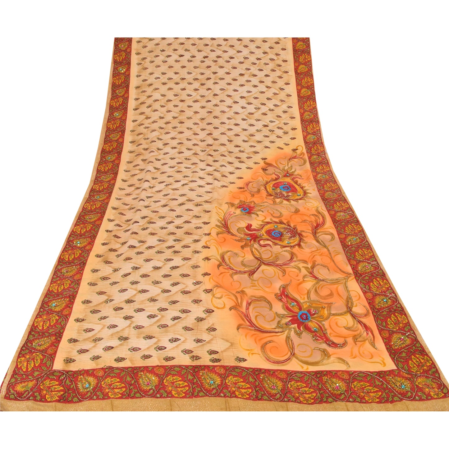 Sanskriti Vintage Sarees Peach Hand Beaded Pure Crepe Silk Print Sari 5yd Fabric