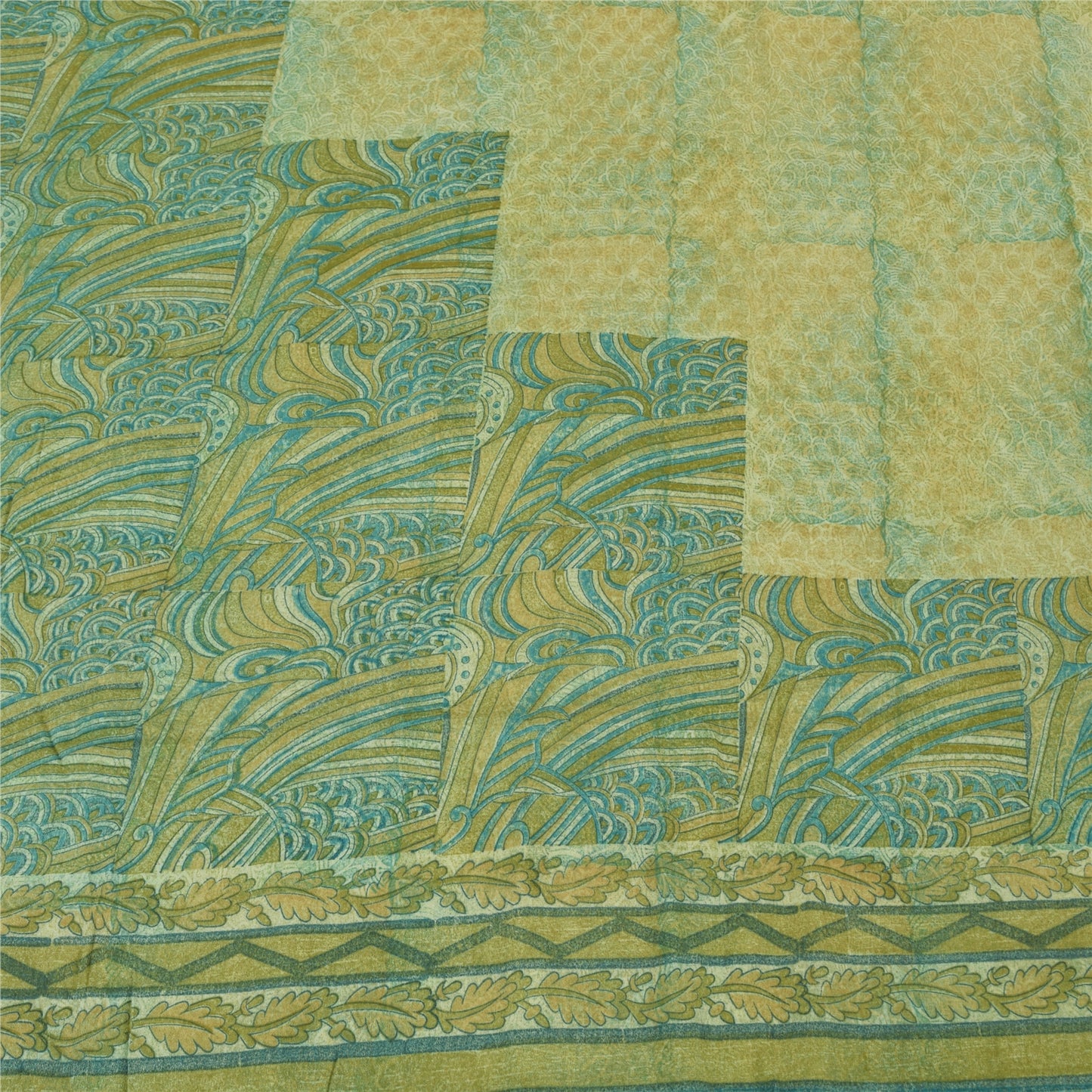 Sanskriti Vintage Sarees Yellow/Green Pure Crepe Silk Printed Sari 5yd Fabric