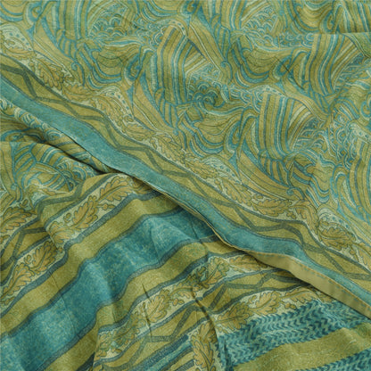 Sanskriti Vintage Sarees Yellow/Green Pure Crepe Silk Printed Sari 5yd Fabric