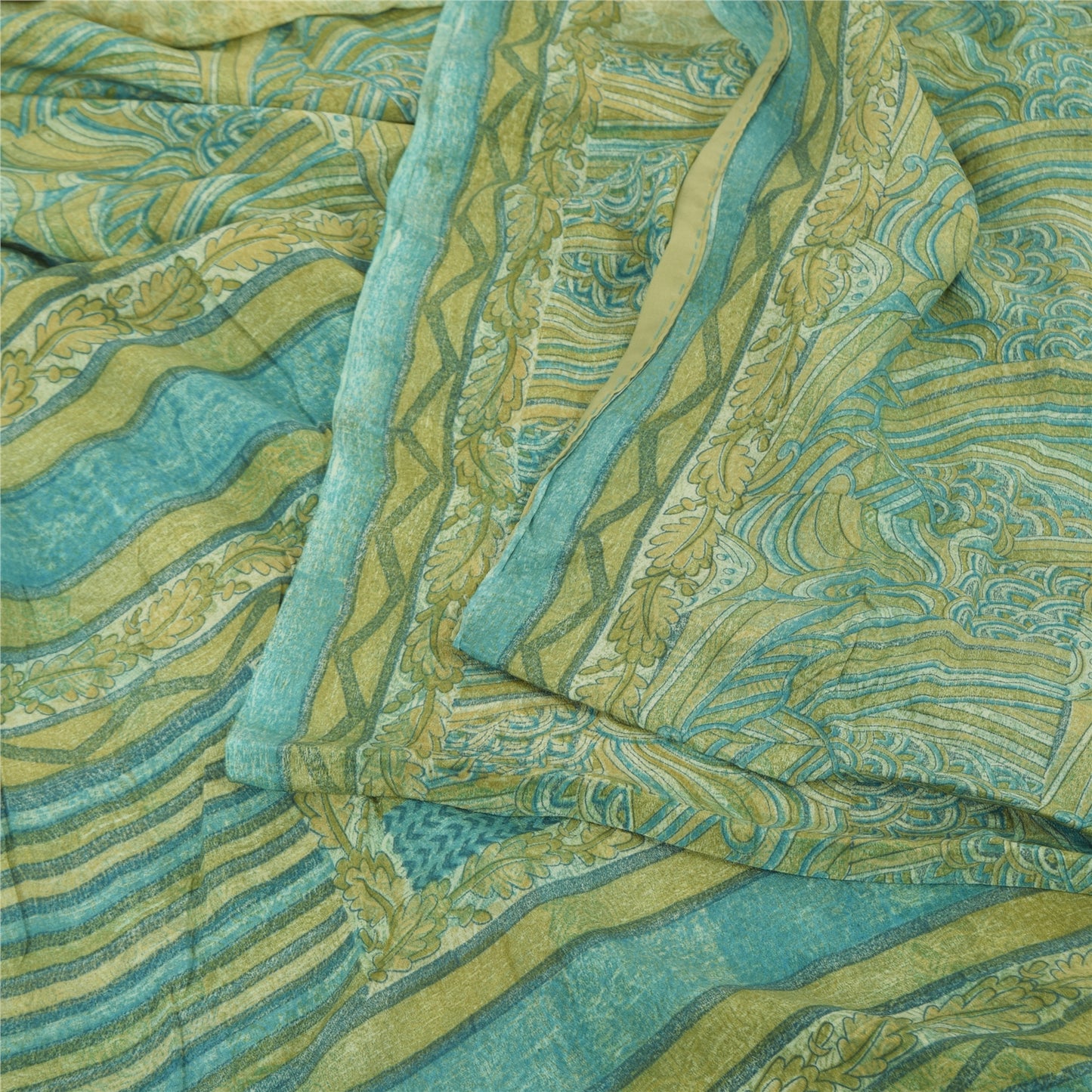 Sanskriti Vintage Sarees Yellow/Green Pure Crepe Silk Printed Sari 5yd Fabric