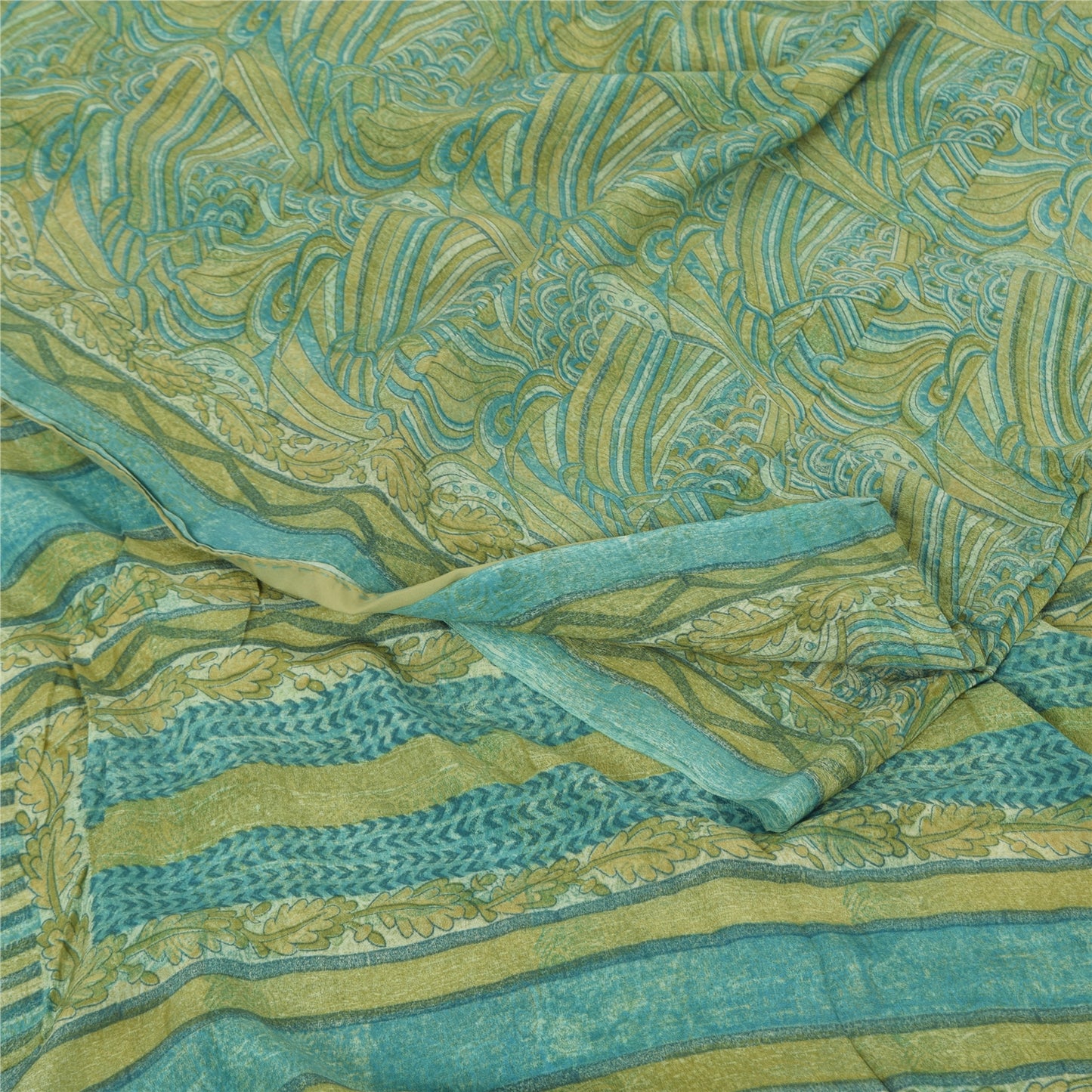 Sanskriti Vintage Sarees Yellow/Green Pure Crepe Silk Printed Sari 5yd Fabric