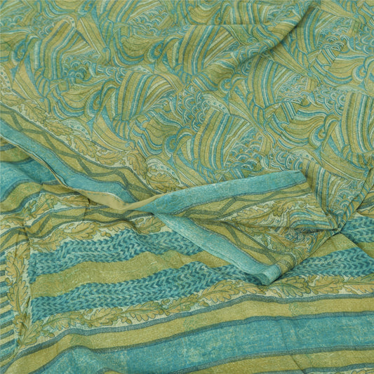 Sanskriti Vintage Sarees Yellow/Green Pure Crepe Silk Printed Sari 5yd Fabric