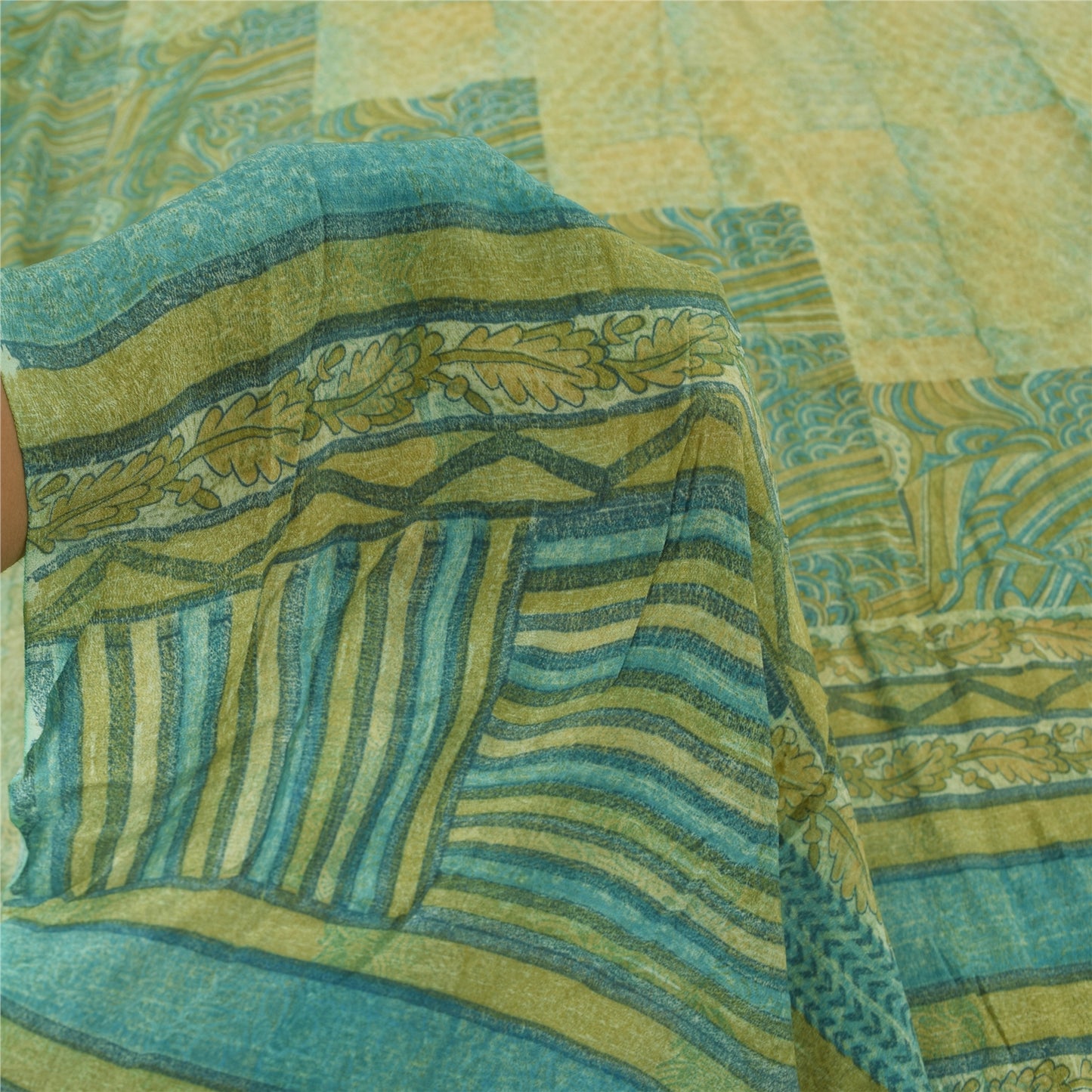 Sanskriti Vintage Sarees Yellow/Green Pure Crepe Silk Printed Sari 5yd Fabric