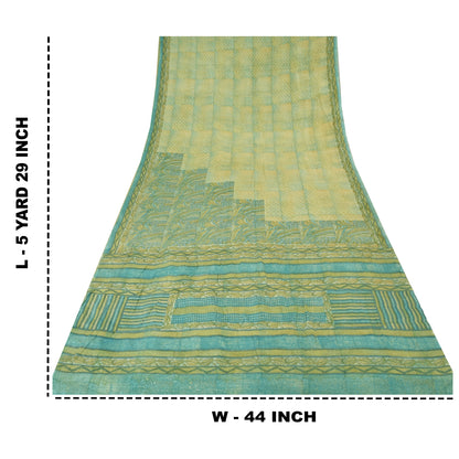 Sanskriti Vintage Sarees Yellow/Green Pure Crepe Silk Printed Sari 5yd Fabric