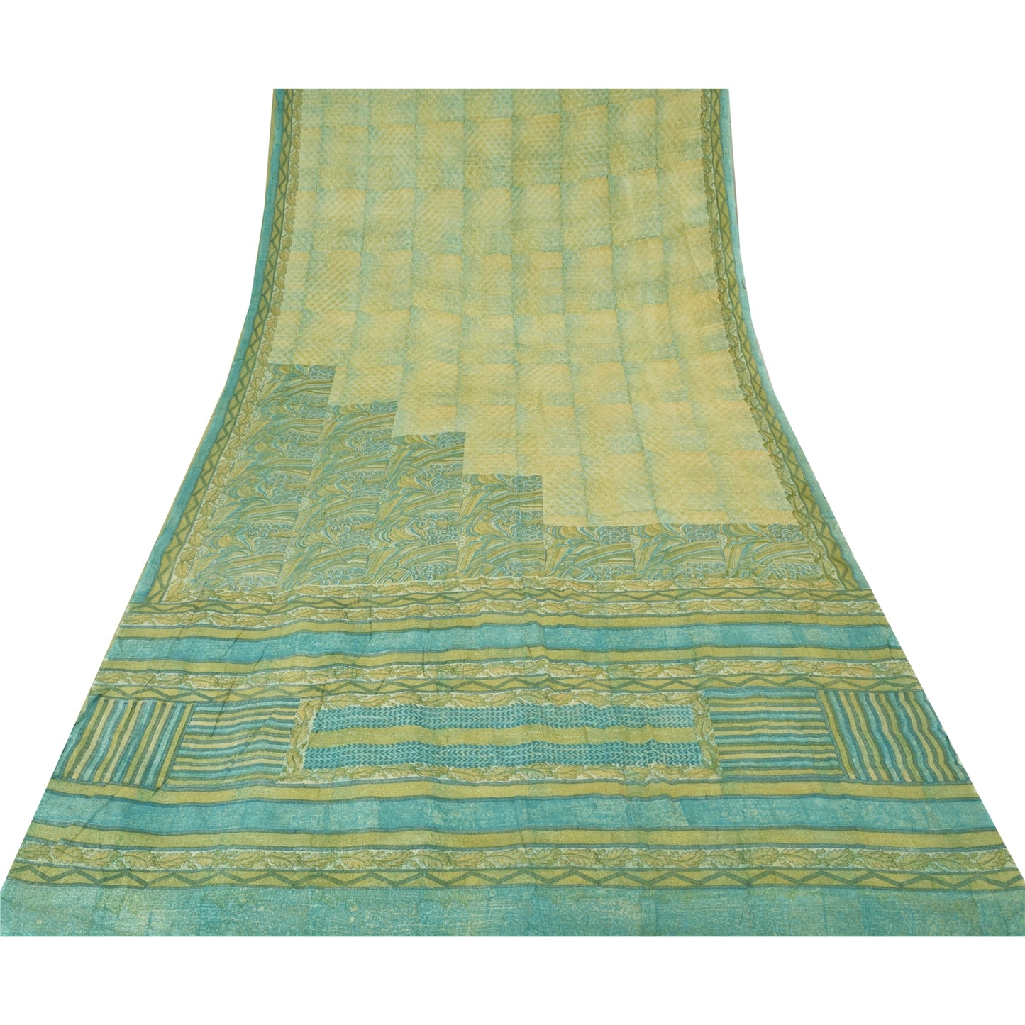 Sanskriti Vintage Sarees Yellow/Green Pure Crepe Silk Printed Sari 5yd Fabric