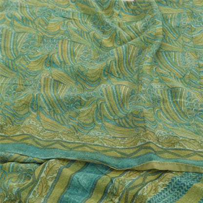 Sanskriti Vintage Sarees Yellow/Green Pure Crepe Silk Printed Sari 5yd Fabric