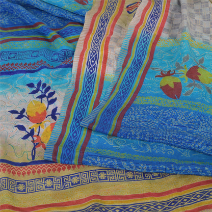 Sanskriti Vintage Sarees Blue Indian Blend Crepe Printed Sari 5yd Craft Fabric