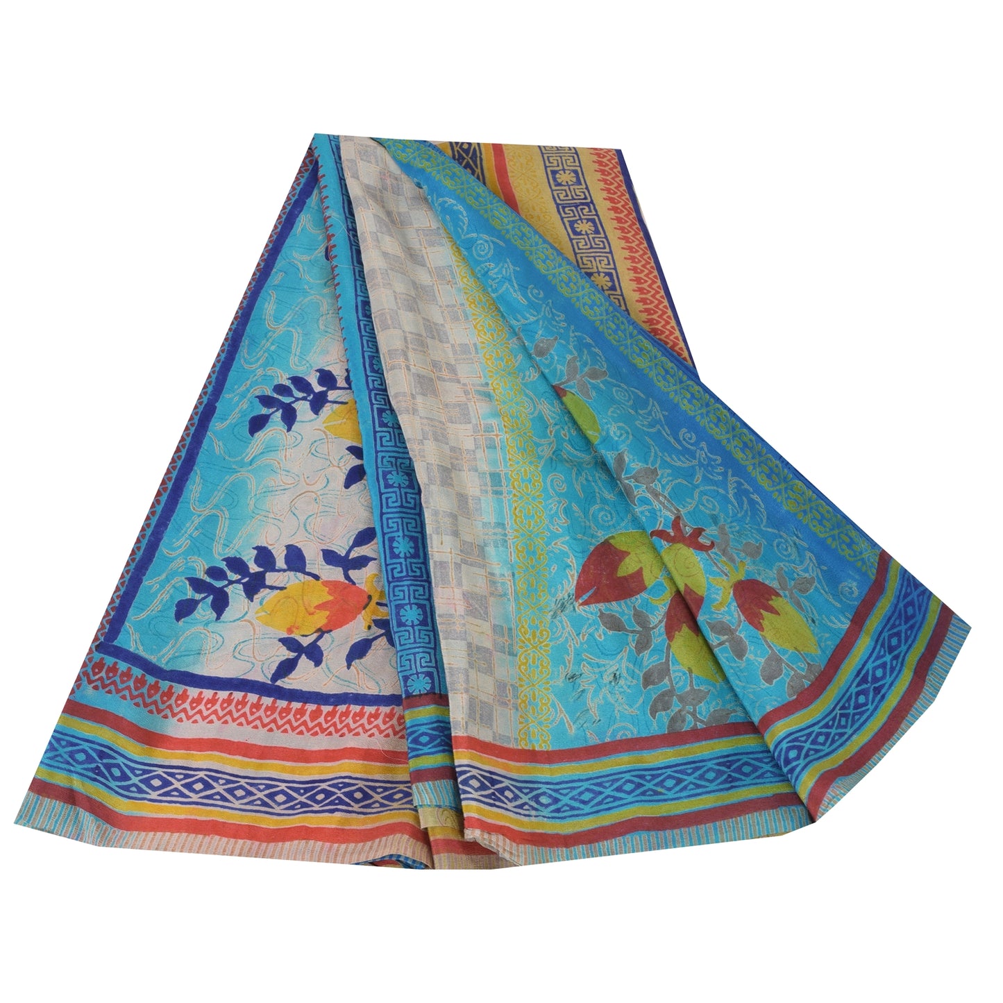 Sanskriti Vintage Sarees Blue Indian Blend Crepe Printed Sari 5yd Craft Fabric