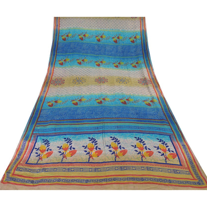 Sanskriti Vintage Sarees Blue Indian Blend Crepe Printed Sari 5yd Craft Fabric