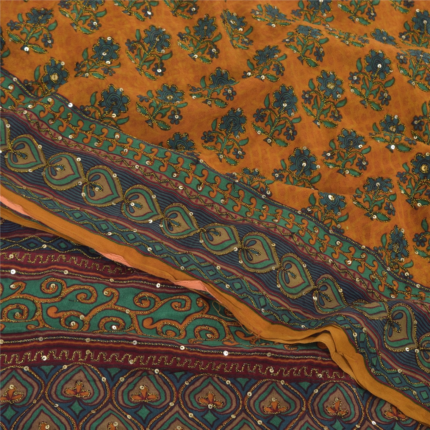 Sanskriti Vintage Sarees Saffron Hand Beaded Pure Crepe Silk Printed Sari Fabric