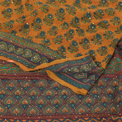 Sanskriti Vintage Sarees Saffron Hand Beaded Pure Crepe Silk Printed Sari Fabric