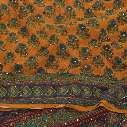 Sanskriti Vintage Sarees Saffron Hand Beaded Pure Crepe Silk Printed Sari Fabric