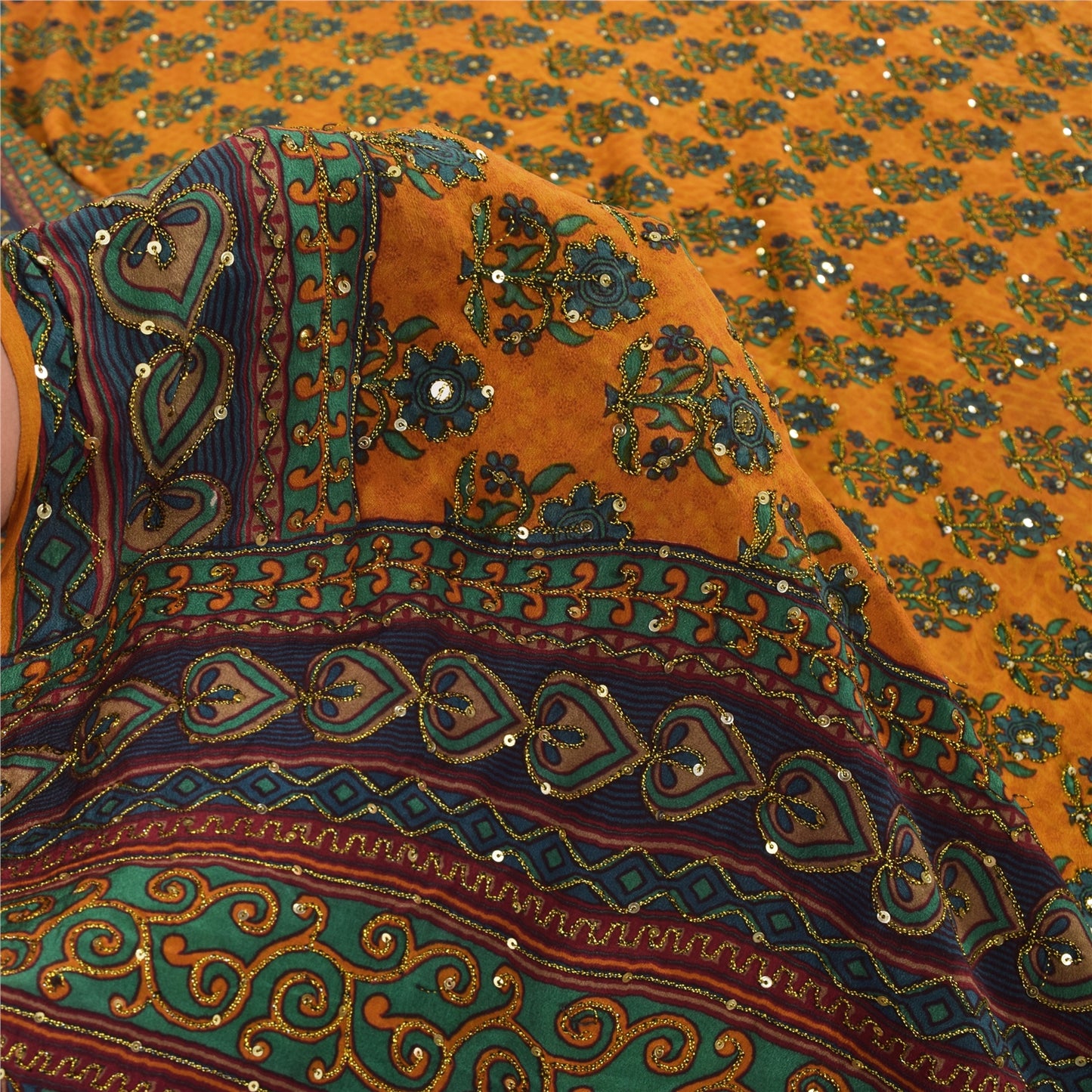 Sanskriti Vintage Sarees Saffron Hand Beaded Pure Crepe Silk Printed Sari Fabric