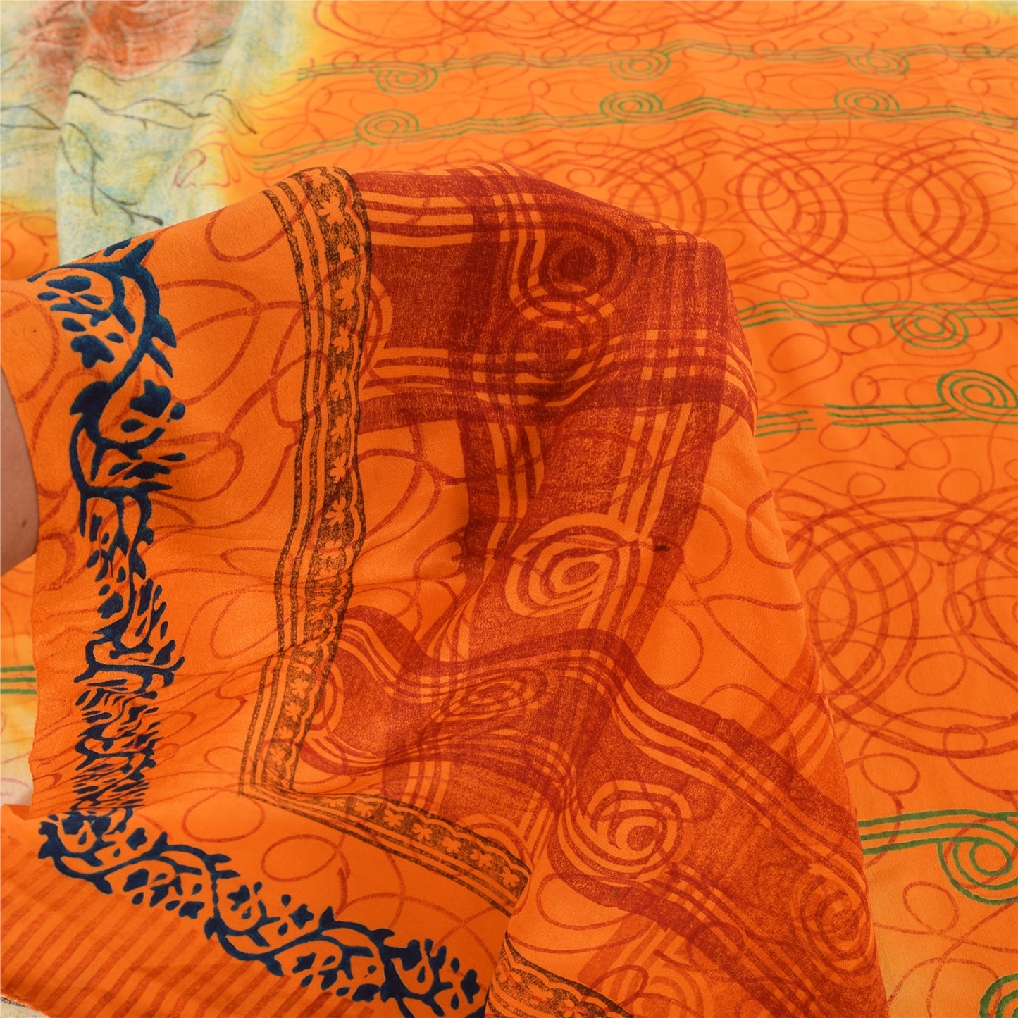 Sanskriti Vintage Sarees Orange/Cream Pure Crepe Printed Sari 5yd Craft Fabric