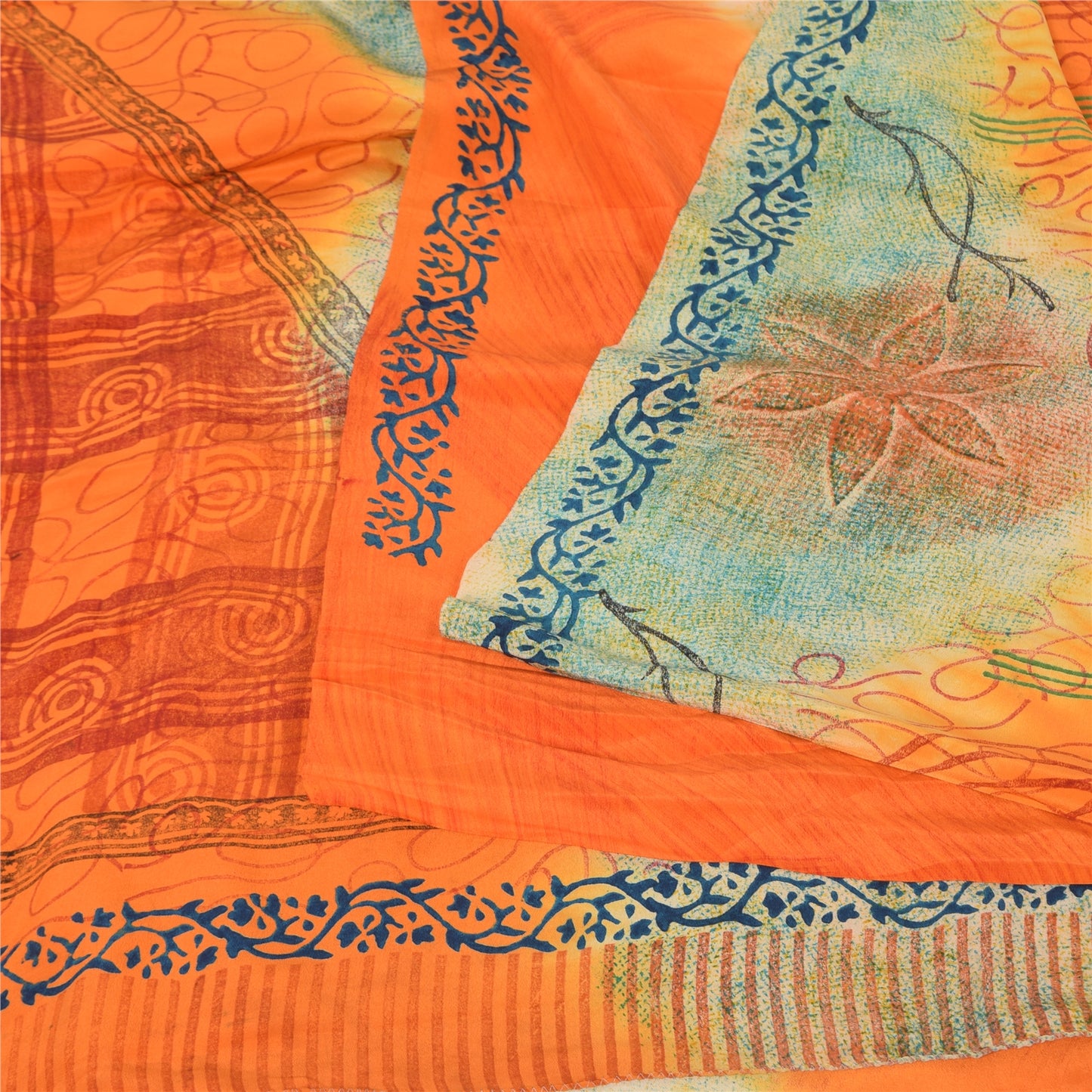 Sanskriti Vintage Sarees Orange/Cream Pure Crepe Printed Sari 5yd Craft Fabric