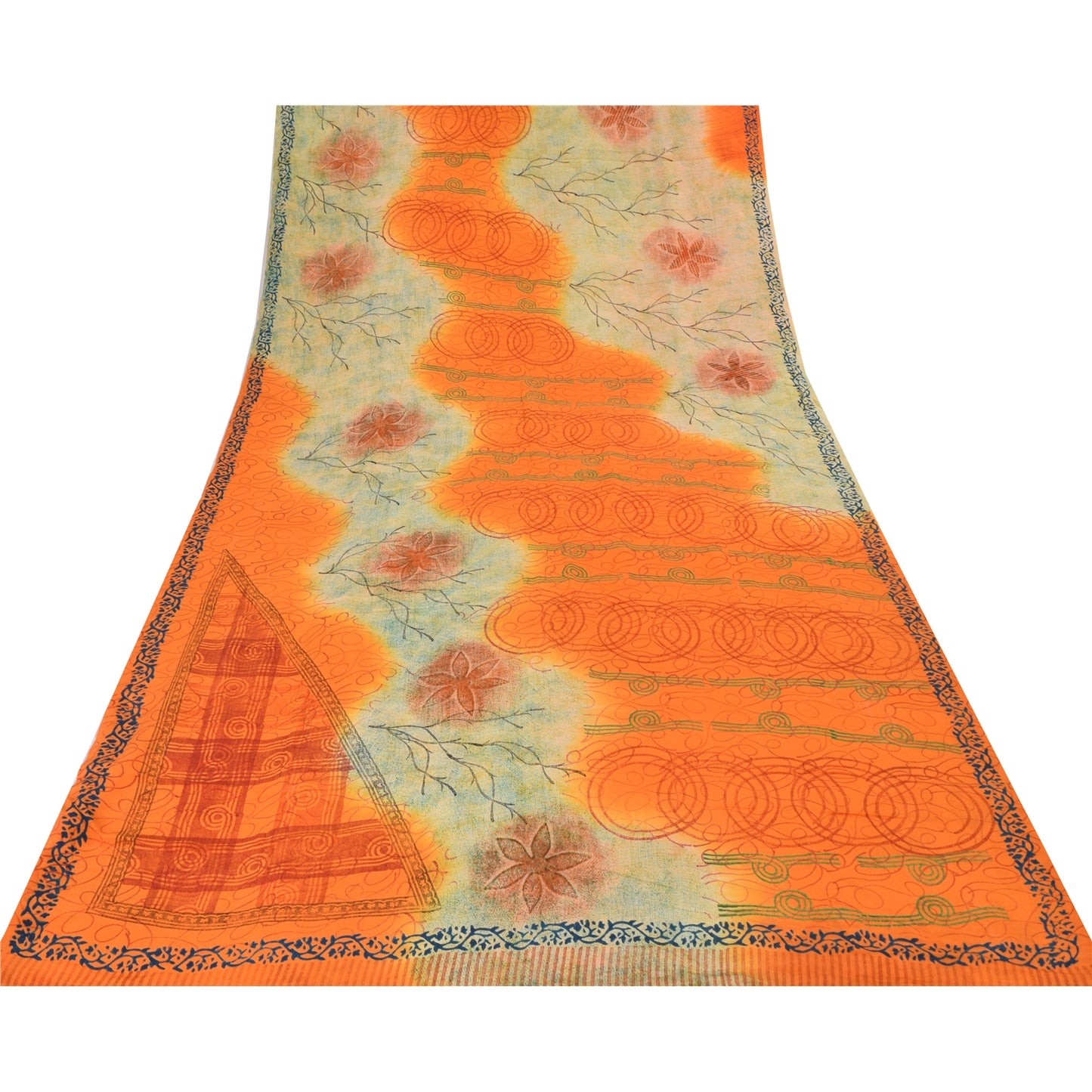 Sanskriti Vintage Sarees Orange/Cream Pure Crepe Printed Sari 5yd Craft Fabric