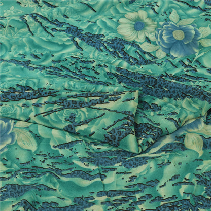 Sanskriti Vintage Sarees Sea-Green Pure Crepe Silk Printed Sari 5yd Craft Fabric