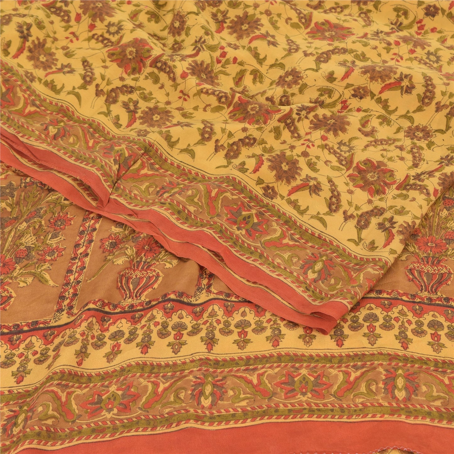 Sanskriti Vintage Sarees Pale Yellow Pure Crepe Silk Print Sari 6yd Craft Fabric