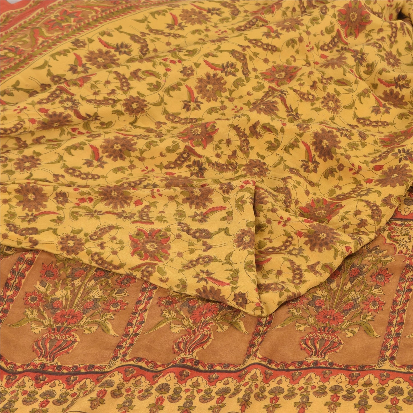 Sanskriti Vintage Sarees Pale Yellow Pure Crepe Silk Print Sari 6yd Craft Fabric