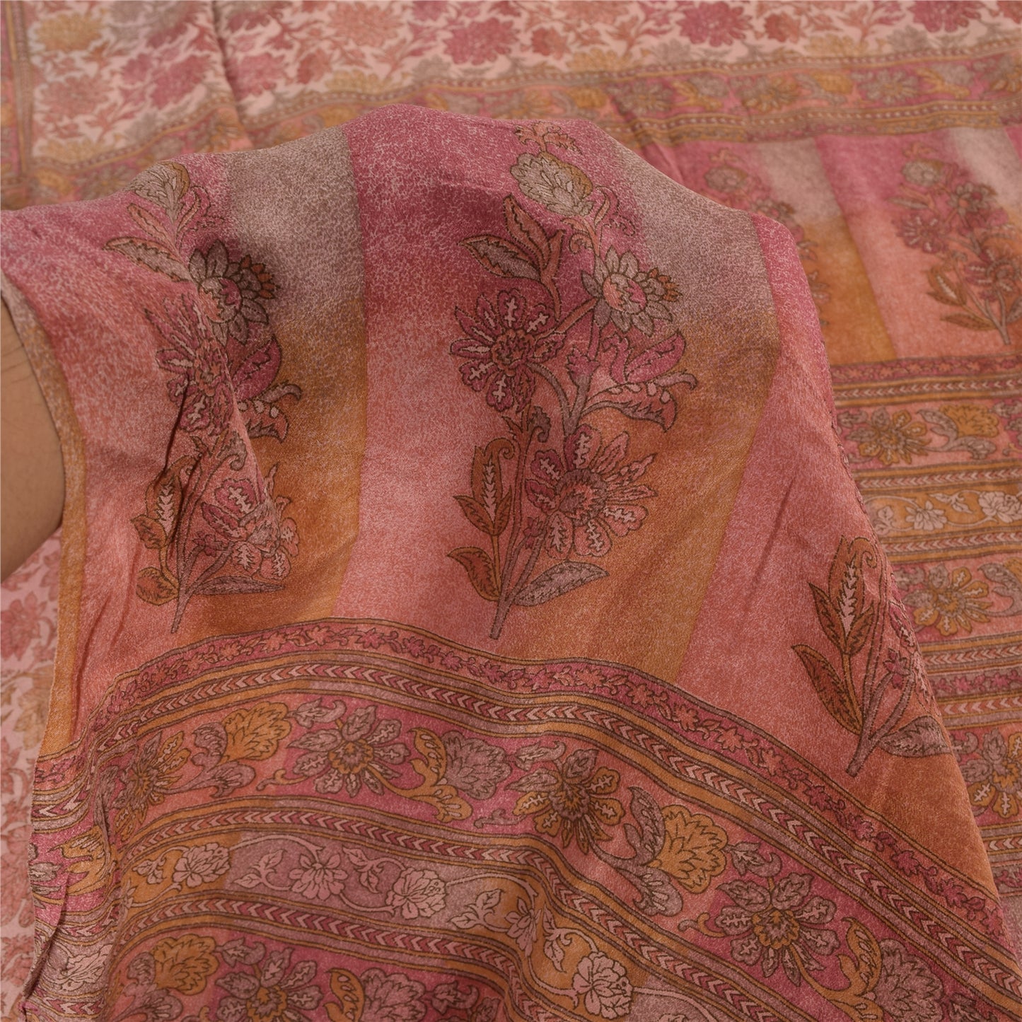 Sanskriti Vintage Sarees Pink Pure Crepe Silk Printed Sari 5yd Craft Fabric