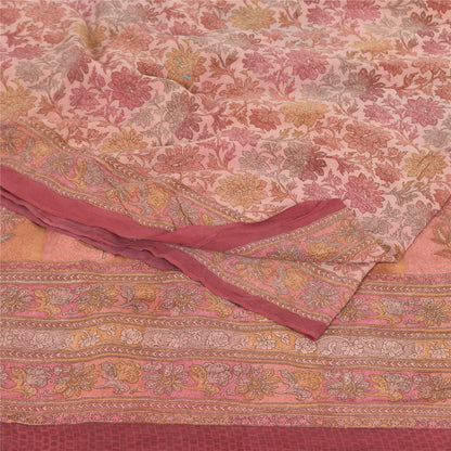 Sanskriti Vintage Sarees Pink Pure Crepe Silk Printed Sari 5yd Craft Fabric