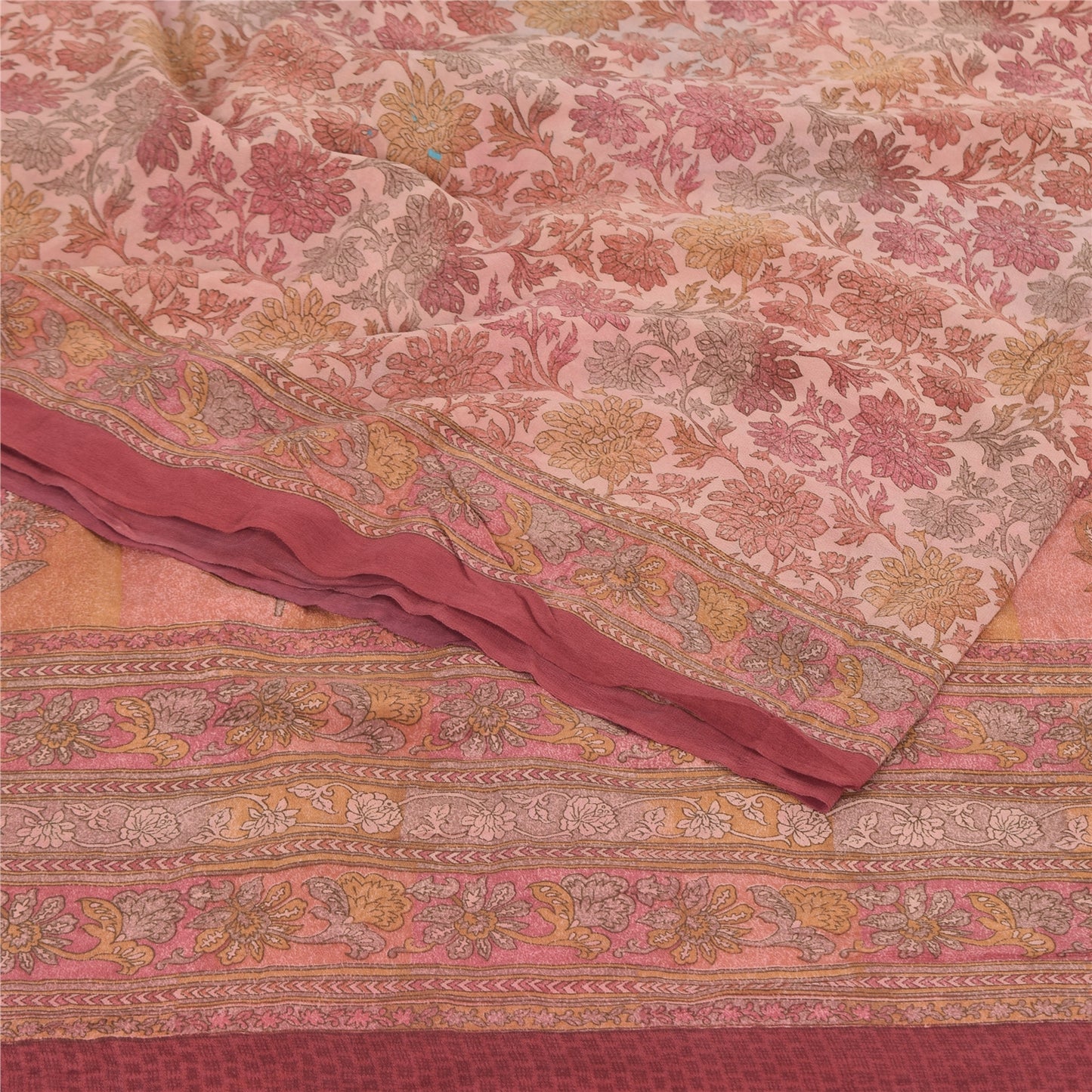 Sanskriti Vintage Sarees Pink Pure Crepe Silk Printed Sari 5yd Craft Fabric